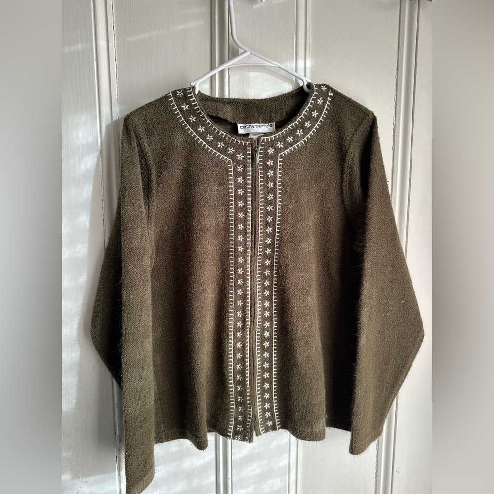 Cathy Daniels Olive Cardigan with White Floral Detail